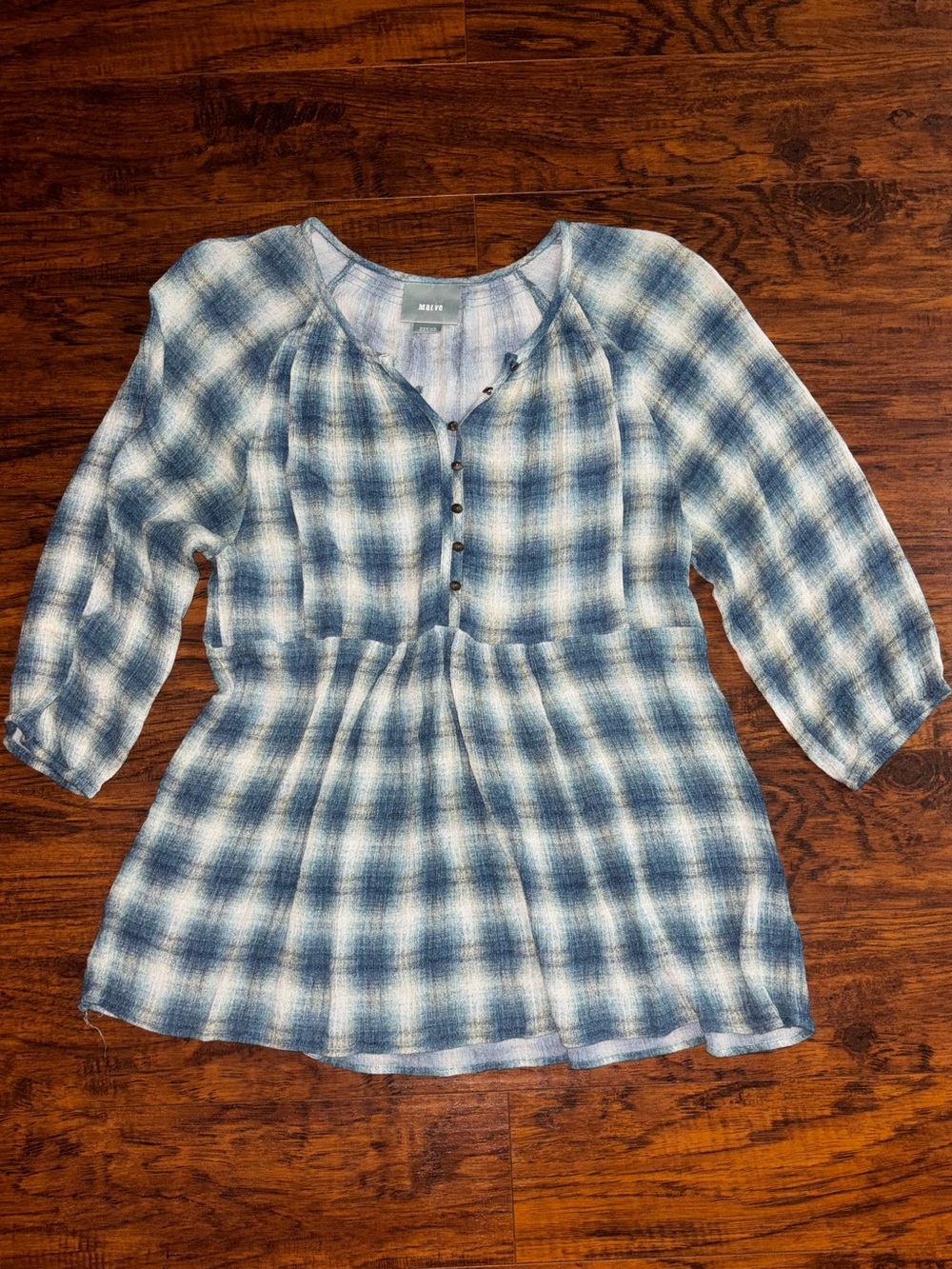 Maeve Anthropologie Cavalon Peplum Tunic Top Blue White Plaid 3/4 Sleeves Blouse